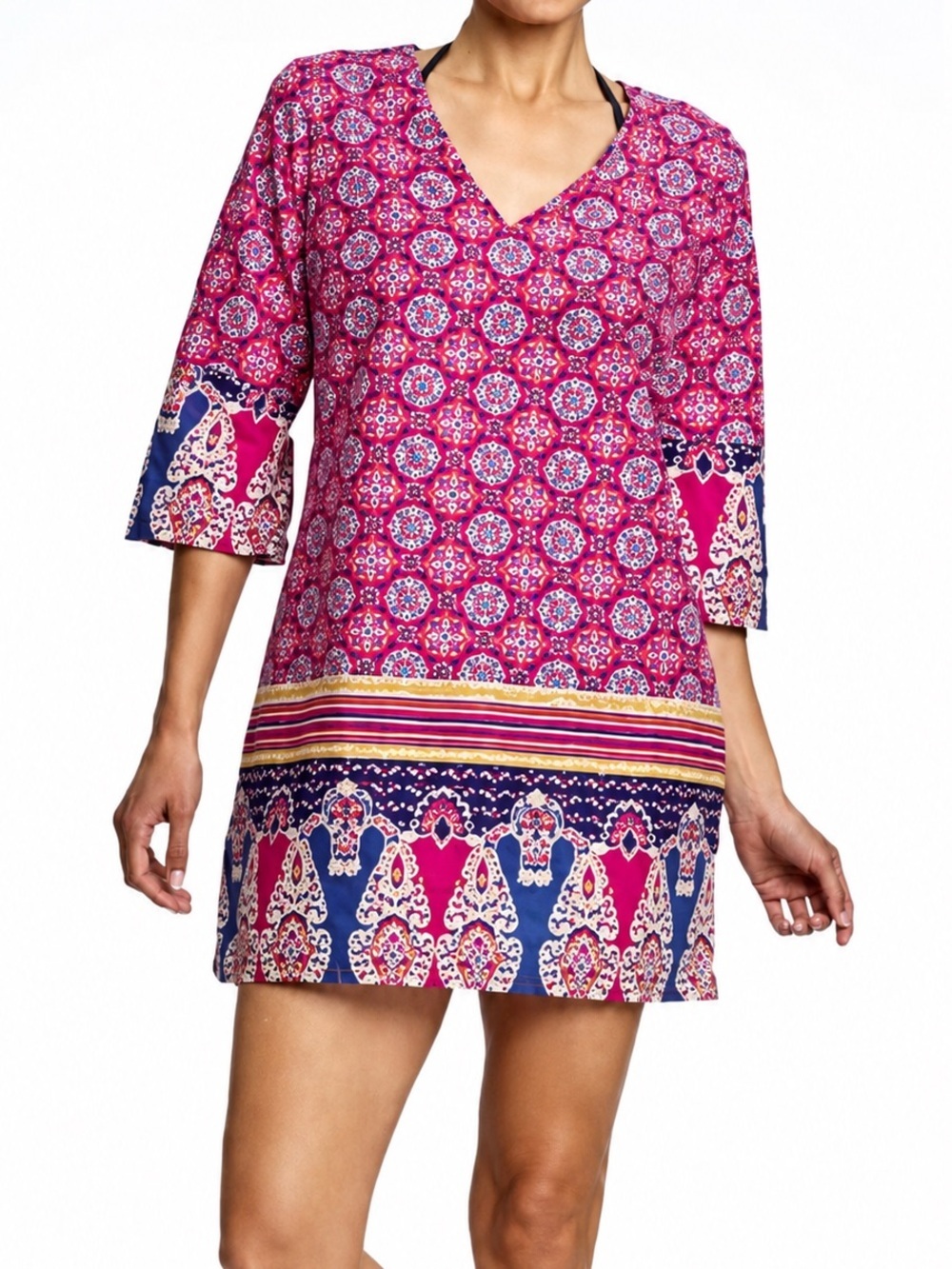 Old Navy Cotton Pink Floral Geometric Print Top Longline Mini Dress Split Neck M